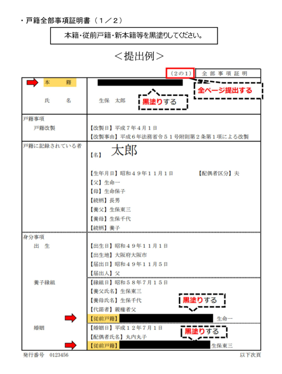 戸籍謄本の提出例